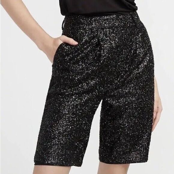 NEW Express Black Sequin High Rise Bermuda Dressy Shorts - Picture 3 of 8